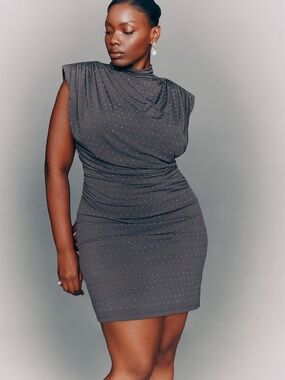 ELOQUII Draped Neck Rhinestone Mini Dress